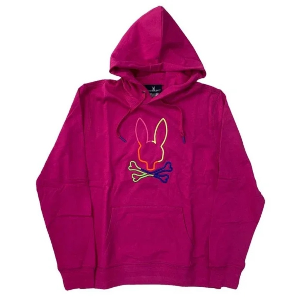 Psycho Bunny Men's Embroidered Leo Bunny Pull Over Hoodie Sweatshirt - Magenta